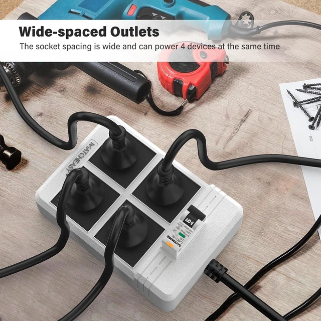 Alt view image 5 of 7 - GFCI Power Strip with 4 Outlets, 30mA RCBO Circuit Breaker, White 14AWG Heavy Duty Cord,5.9FT Cord with Leakage Protection & Reset Button for Workshop,Garage, Jobsite, Home Office