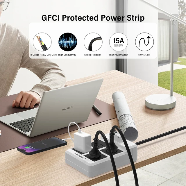 Alt view image 6 of 7 - GFCI Power Strip with 4 Outlets, 30mA RCBO Circuit Breaker, White 14AWG Heavy Duty Cord,5.9FT Cord with Leakage Protection & Reset Button for Workshop,Garage, Jobsite, Home Office