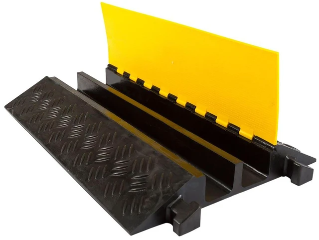 Main image of 2-Channel Cable Protector Ramp, Rubber Floor Cord Cover, Outdoor Rubber Base with Hinged Lid, Protects Cords and Wires up to 3.25 In, Drive-Over Ramp Design, Links with T-Connectors