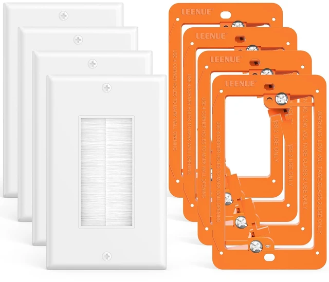 Main image of Brush Wall Plate with Mounting Bracket, 4 Pack Cable Pass Through Single Gang Cord Hider Decorator Cover for Low Voltage Wires, TV Home Theater System, White and Orange