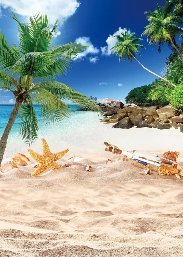 Alt view image 2 of 5 - Summer Beach Ocean Backdrop Summer Outdoor Blue Sky Palm Tree Photography Background Beach Wedding Birthday Party Decoration 6x8FT
