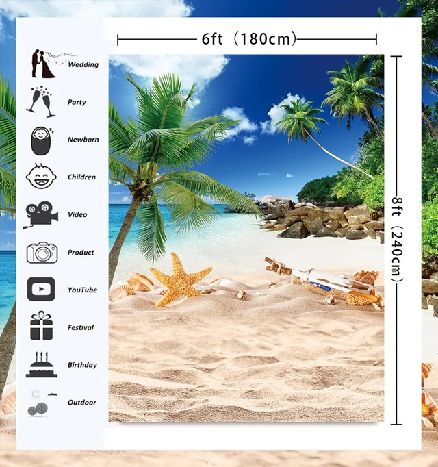 Alt view image 4 of 5 - Summer Beach Ocean Backdrop Summer Outdoor Blue Sky Palm Tree Photography Background Beach Wedding Birthday Party Decoration 6x8FT