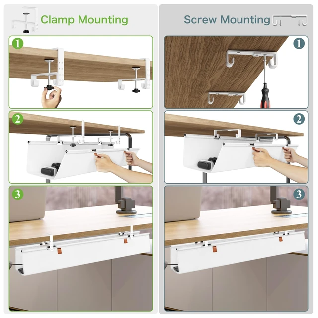 Alt view image 2 of 7 - Under Desk Cable Management Tray, 40 inch No Drill Cord Organizer Adjustable Clamp/Screw Mount, Sturdy Oxford Fabric, Wire Management Tray for Power Strips, Home Office & Gaming Desk, White