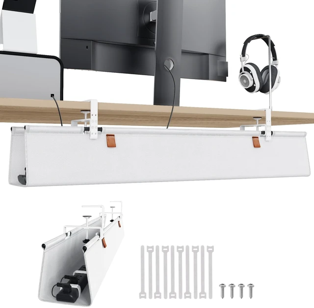 Main image of Under Desk Cable Management Tray, 40 inch No Drill Cord Organizer Adjustable Clamp/Screw Mount, Sturdy Oxford Fabric, Wire Management Tray for Power Strips, Home Office & Gaming Desk, White