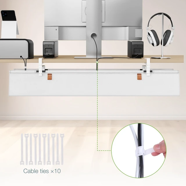Alt view image 5 of 7 - Under Desk Cable Management Tray, 40 inch No Drill Cord Organizer Adjustable Clamp/Screw Mount, Sturdy Oxford Fabric, Wire Management Tray for Power Strips, Home Office & Gaming Desk, White