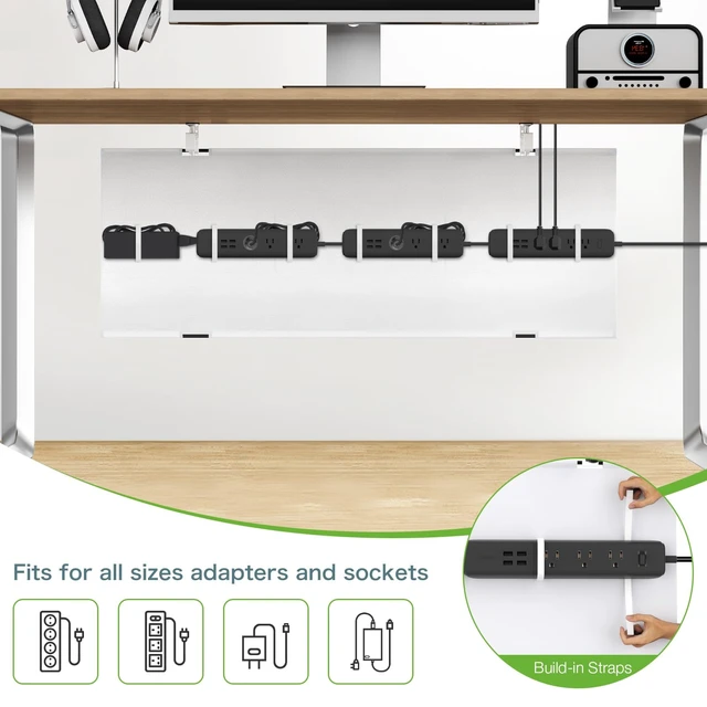 Alt view image 3 of 7 - Under Desk Cable Management Tray, 40 inch No Drill Cord Organizer Adjustable Clamp/Screw Mount, Sturdy Oxford Fabric, Wire Management Tray for Power Strips, Home Office & Gaming Desk, White