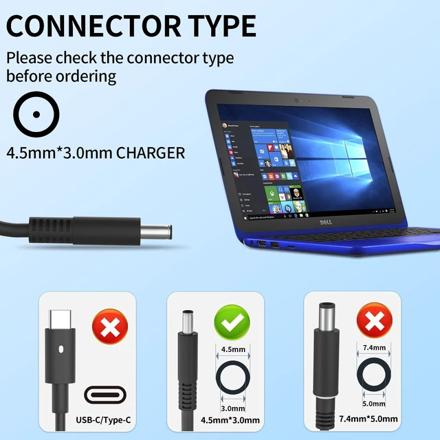 Alt view image 3 of 7 - 45W Round Tip Laptop Charger Fit for Dell Inspiron 13 14 15 3000 5000 7000 Series 15-3552 3555 3558 3565 3567 5551 5552 5555 5558 5559 DA45NM140 LA45NM140 19.5V 2.31A AC Adapter Power Cord