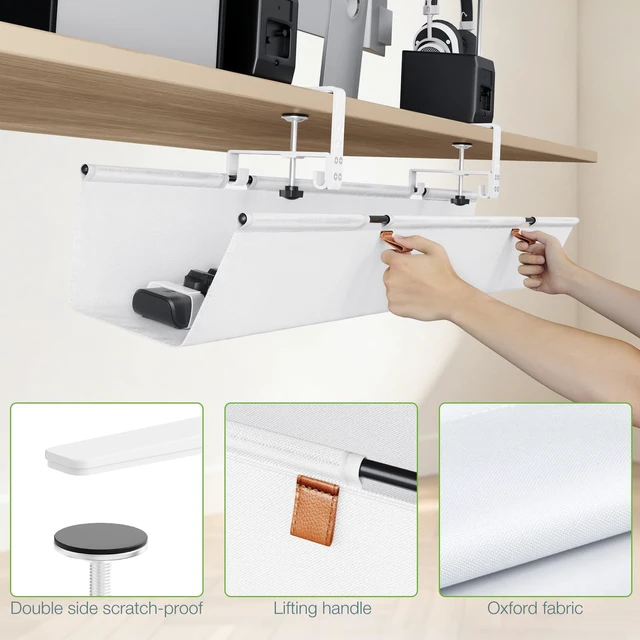 Alt view image 6 of 7 - Under Desk Cable Management Tray, 40 inch No Drill Cord Organizer Adjustable Clamp/Screw Mount, Sturdy Oxford Fabric, Wire Management Tray for Power Strips, Home Office & Gaming Desk, White