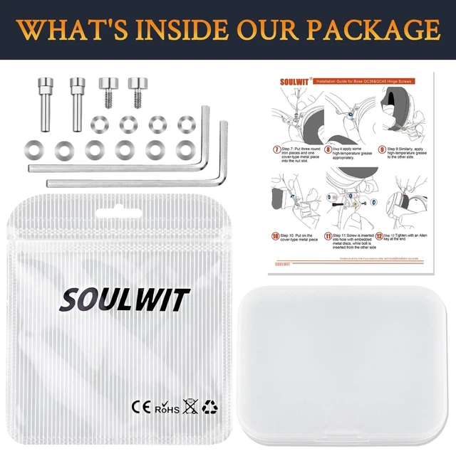 Alt view image 6 of 7 - Metal Swivel Pins Replacement Parts Kit for Bose QuietComfort 35/QC35/QC35 II/QC45/QuietComfort SE (QC SE)/Quiet Comfort Wireless Headphones, Hinge Screws Accessories and Gasket - Silver