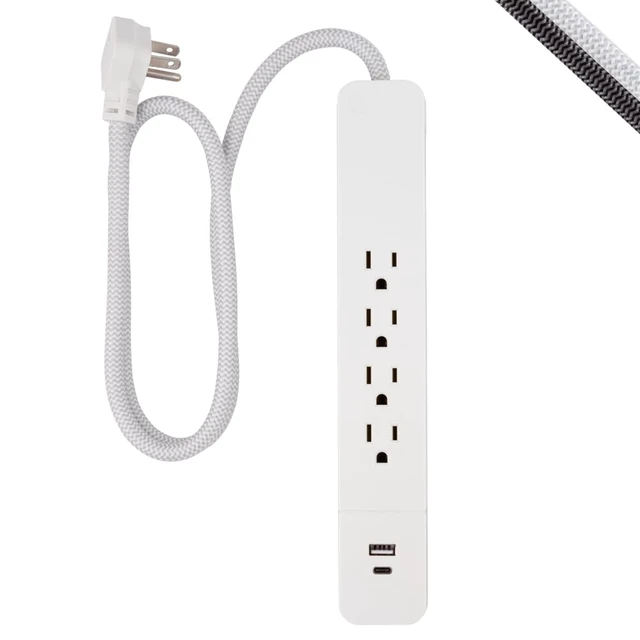 Alt view image 2 of 7 - Sur Protector Power Strip with USB Ports, 3 Ft Braided Extension Cord 1060 Joules, 4 Outlet Extender, 1 USB-A, 1 USB-C, Flat Plug, Wall Mount, ETL Safety Listed, White, 41354
