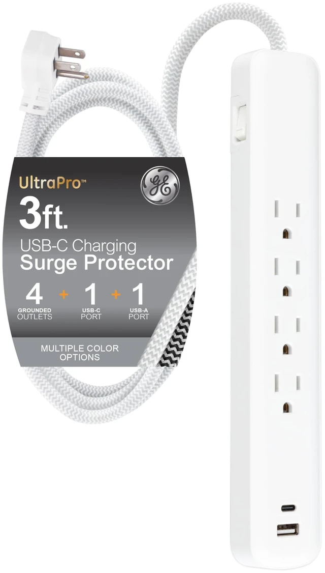 Main image of Sur Protector Power Strip with USB Ports, 3 Ft Braided Extension Cord 1060 Joules, 4 Outlet Extender, 1 USB-A, 1 USB-C, Flat Plug, Wall Mount, ETL Safety Listed, White, 41354