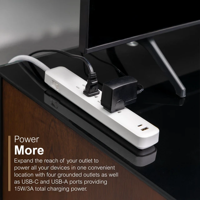 Alt view image 4 of 7 - Sur Protector Power Strip with USB Ports, 3 Ft Braided Extension Cord 1060 Joules, 4 Outlet Extender, 1 USB-A, 1 USB-C, Flat Plug, Wall Mount, ETL Safety Listed, White, 41354