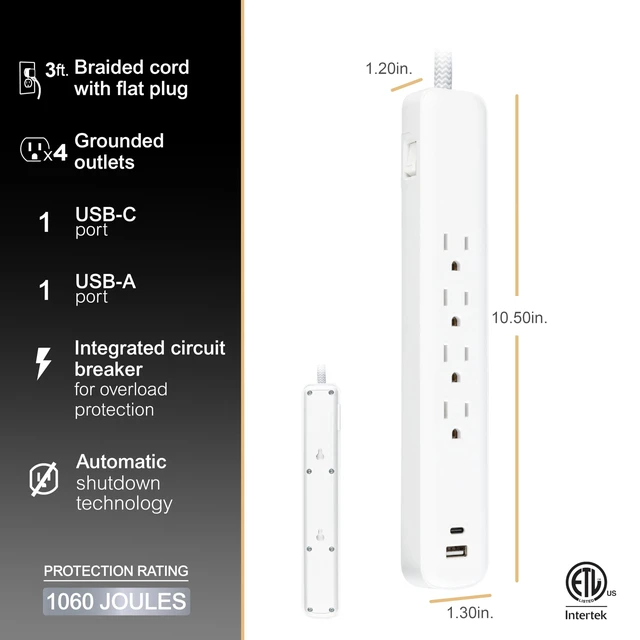 Alt view image 3 of 7 - Sur Protector Power Strip with USB Ports, 3 Ft Braided Extension Cord 1060 Joules, 4 Outlet Extender, 1 USB-A, 1 USB-C, Flat Plug, Wall Mount, ETL Safety Listed, White, 41354