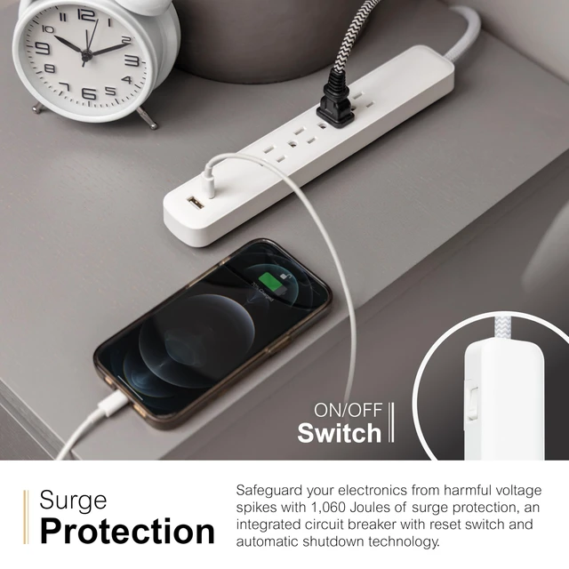 Alt view image 7 of 7 - Sur Protector Power Strip with USB Ports, 3 Ft Braided Extension Cord 1060 Joules, 4 Outlet Extender, 1 USB-A, 1 USB-C, Flat Plug, Wall Mount, ETL Safety Listed, White, 41354