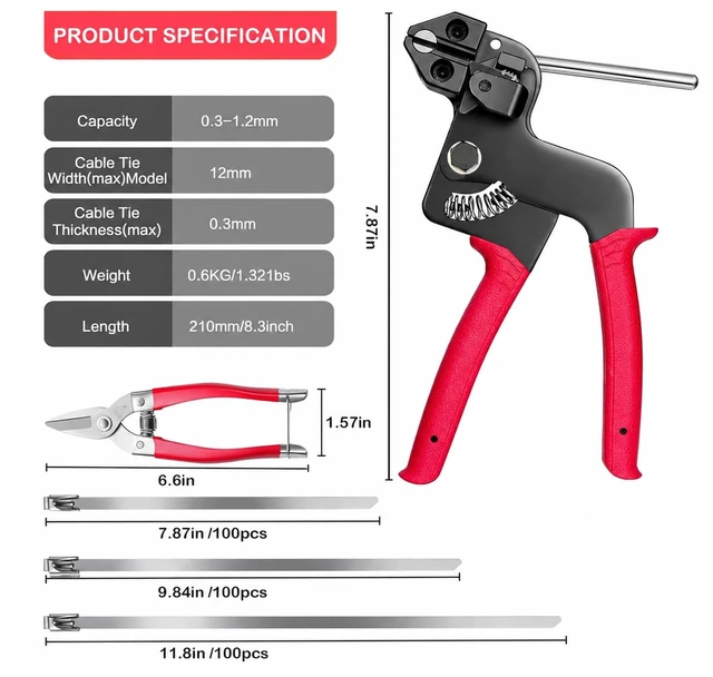 Alt view image 3 of 7 - 300PCS Metal Zip Ties Gun Kit, Silver 7.8"/9.8"/11.8" Self-Locking 304 Stainless Steel Zip Ties, Heavy Duty Cable Tie Fastening Cutting Release Tool Set for Outdoor Fence, Exhaust Pipe and Farm Use