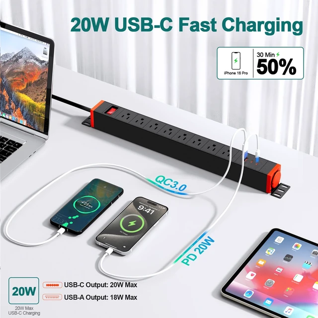 Alt view image 2 of 7 - 8 Outlet Metal Power Strip with USB-C 20W, Rack Mount USB Power with 360° Rotating Brackets, Wall Mount Power Strip for Home Office Garage Workshop