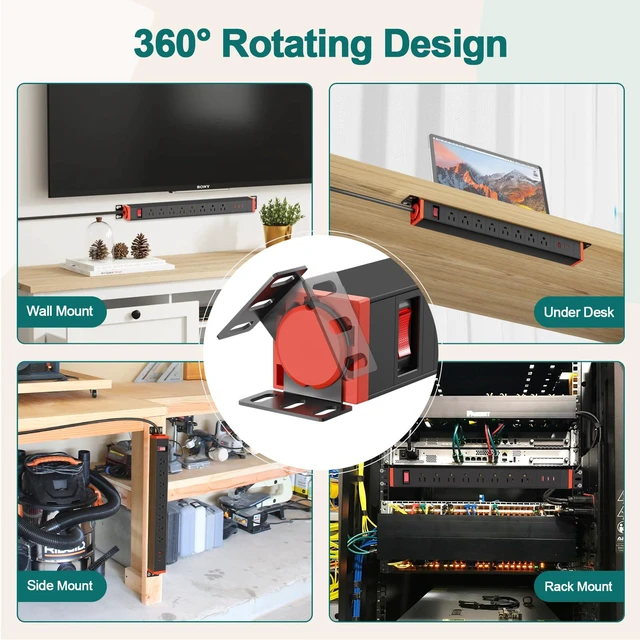 Alt view image 3 of 7 - 8 Outlet Metal Power Strip with USB-C 20W, Rack Mount USB Power with 360° Rotating Brackets, Wall Mount Power Strip for Home Office Garage Workshop