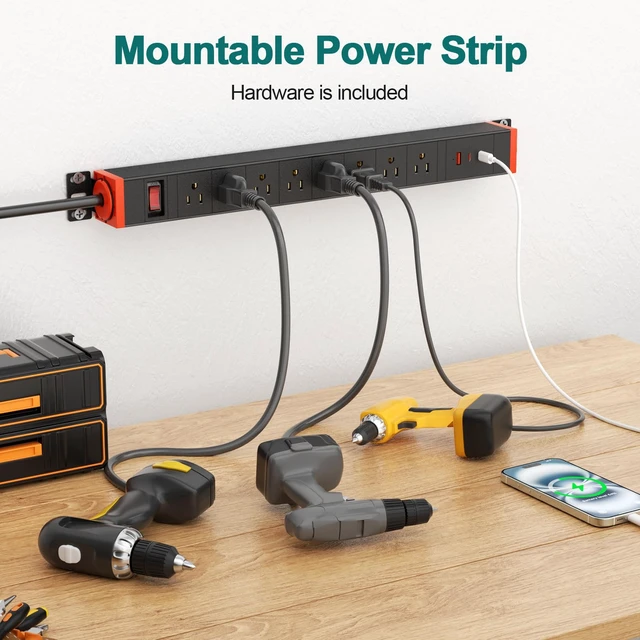 Alt view image 7 of 7 - 8 Outlet Metal Power Strip with USB-C 20W, Rack Mount USB Power with 360° Rotating Brackets, Wall Mount Power Strip for Home Office Garage Workshop