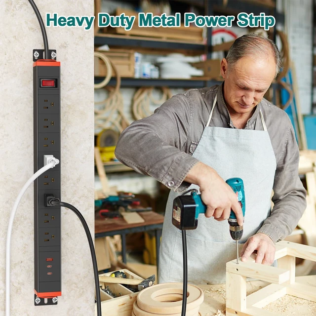 Alt view image 4 of 7 - 8 Outlet Metal Power Strip with USB-C 20W, Rack Mount USB Power with 360° Rotating Brackets, Wall Mount Power Strip for Home Office Garage Workshop