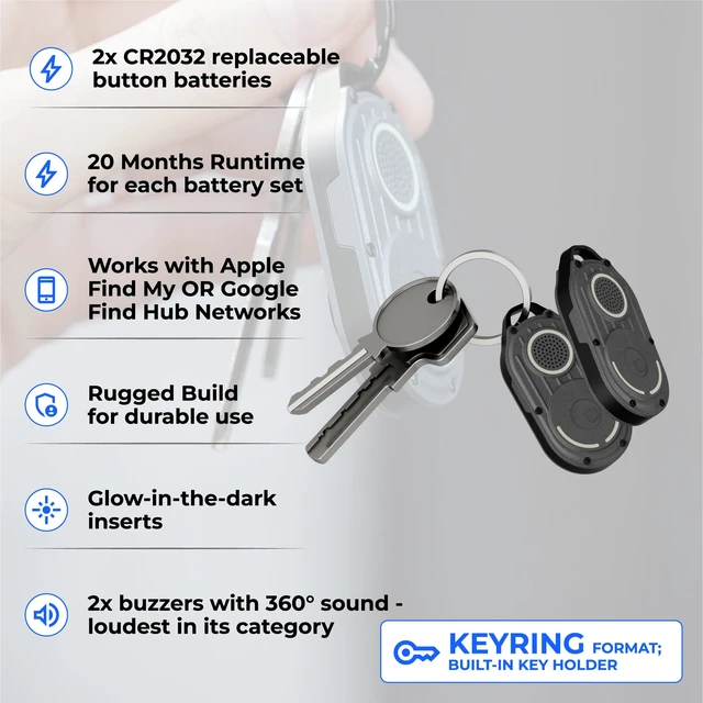 Alt view image 2 of 5 - AirNotch Pro Dual - Bluetooth Tracker Keychain - Compatibile with Both Apple iOS Find My and Google Android Find Hub Replaceable Batteries, Loud 360° Sound, Anti-Loss Locator, Gray