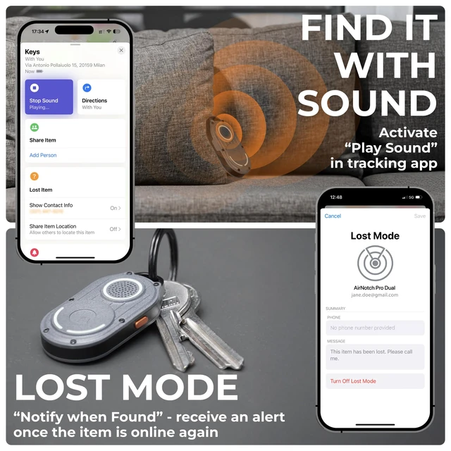 Alt view image 5 of 5 - AirNotch Pro Dual - Bluetooth Tracker Keychain - Compatibile with Both Apple iOS Find My and Google Android Find Hub Replaceable Batteries, Loud 360° Sound, Anti-Loss Locator, Gray