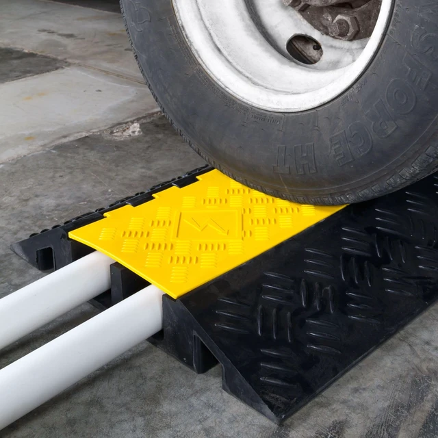 Alt view image 2 of 7 - 2-Channel Cable Protector Ramp, Rubber Floor Cord Cover, Outdoor Rubber Base with Hinged Lid, Protects Cords and Wires up to 3.25 In, Drive-Over Ramp Design, Links with T-Connectors
