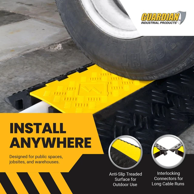 Alt view image 5 of 7 - 2-Channel Cable Protector Ramp, Rubber Floor Cord Cover, Outdoor Rubber Base with Hinged Lid, Protects Cords and Wires up to 3.25 In, Drive-Over Ramp Design, Links with T-Connectors