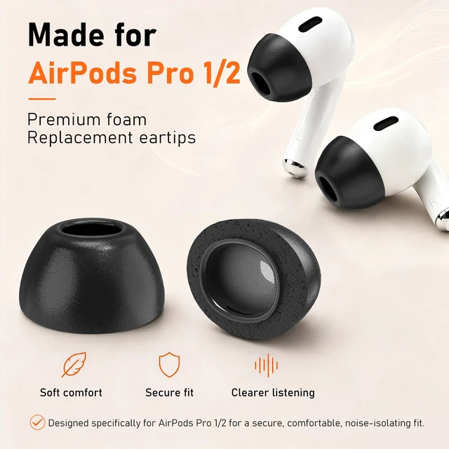 Alt view image 2 of 7 - 6 Pairs Memory Foam Replacement Ear Tips for AirPods Pro 2 & 1 Soft Comfort, Clearer Listening, Secure Fit, Charging Friendly, SealCore Tech Eartips for Aipod Pro 2nd & 1st (Medium, Black)