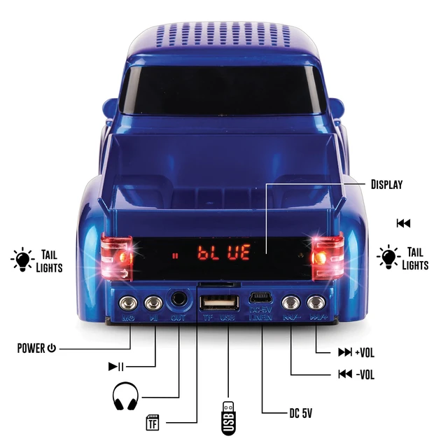 Alt view image 4 of 7 - BT-1956 Rechargable Portable Bluetooth Speaker with FM Radio, Blue 3-Inch Drivers, Hands-Free Calling, Built-in Microphone, USB/microSD/AUX, LED Party Lights