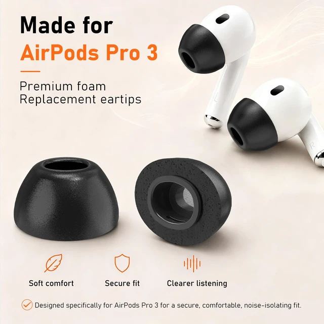 Alt view image 2 of 7 - 6 Pairs Memory Foam Replacement Ear Tips for AirPods Pro 3 Soft Comfort, Clearer Listening, Secure Fit, Charging Friendly, SealCore Tech Eartips for Aipods Pro 3rd Gen (Medium, Black)