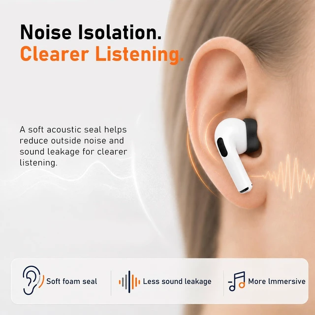 Alt view image 6 of 7 - 6 Pairs Memory Foam Replacement Ear Tips for AirPods Pro 3 Soft Comfort, Clearer Listening, Secure Fit, Charging Friendly, SealCore Tech Eartips for Aipods Pro 3rd Gen (Medium, Black)