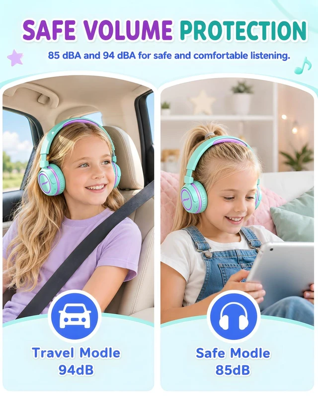 Alt view image 2 of 6 - Kids Bluetooth Headphones for Travel, 80H Playtime (Green) Lightweight, Wireless, 85/94dB Safe Volume Limit, Bluetooth 5.4, Built-in Mic Kids Headphones for Girl Boy Toddler