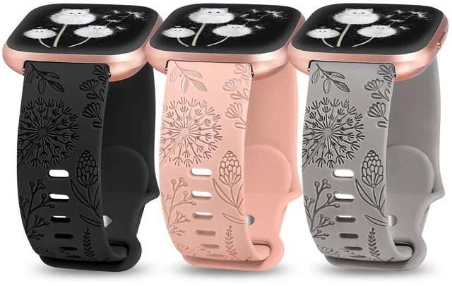 Main image of 3 Packs Floral Engraved Band Compatible with Fitbit Versa 2/Versa Lite, Soft Silicone Dandelion Flower Pattern Sport Designer Fancy Summer Strap (Black & Pink& Gray)