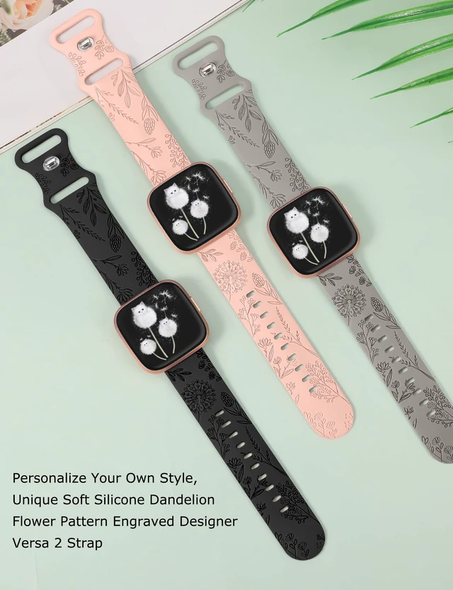 Alt view image 2 of 6 - 3 Packs Floral Engraved Band Compatible with Fitbit Versa 2/Versa Lite, Soft Silicone Dandelion Flower Pattern Sport Designer Fancy Summer Strap (Black & Pink& Gray)