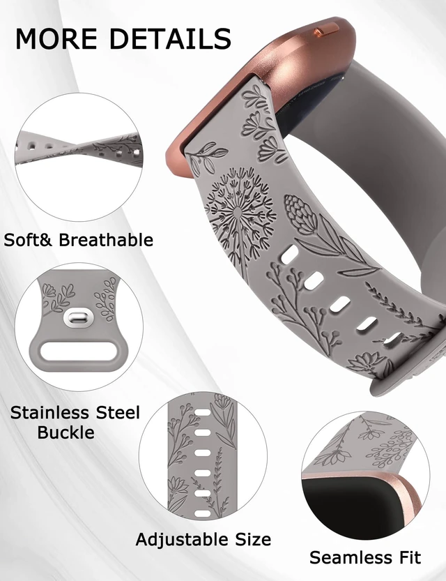 Alt view image 4 of 6 - 3 Packs Floral Engraved Band Compatible with Fitbit Versa 2/Versa Lite, Soft Silicone Dandelion Flower Pattern Sport Designer Fancy Summer Strap (Black & Pink& Gray)