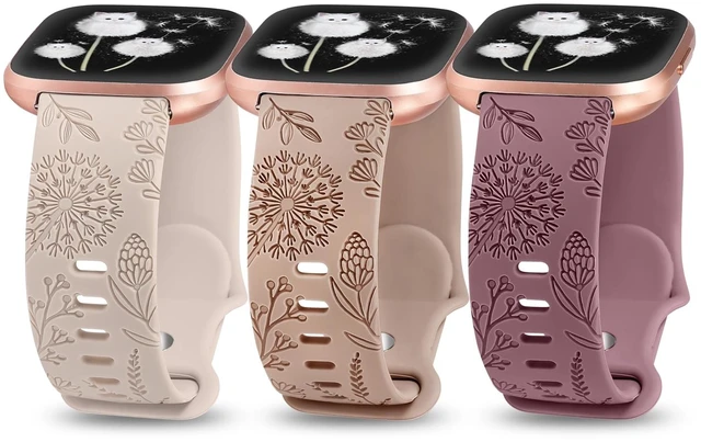 Main image of 3 Packs Floral Engraved Band Compatible with Fitbit Versa 2 Band/Versa Lite/Versa Band Women, Cute Soft Silicone Dandelion Flower Pattern Sport Designer Fancy Summer Strap for Versa 2