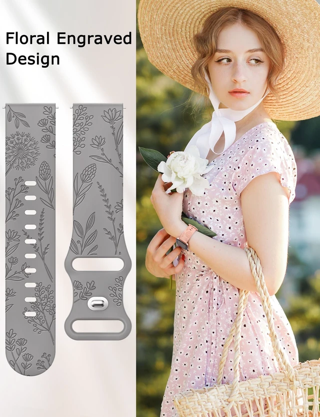Alt view image 5 of 6 - 3 Packs Floral Engraved Band Compatible with Fitbit Versa 2/Versa Lite, Soft Silicone Dandelion Flower Pattern Sport Designer Fancy Summer Strap (Black & Pink& Gray)