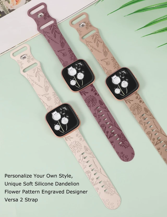 Alt view image 2 of 6 - 3 Packs Floral Engraved Band Compatible with Fitbit Versa 2 Band/Versa Lite/Versa Band Women, Cute Soft Silicone Dandelion Flower Pattern Sport Designer Fancy Summer Strap for Versa 2