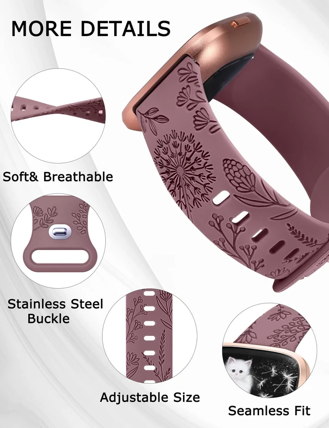 Alt view image 3 of 6 - 3 Packs Floral Engraved Band Compatible with Fitbit Versa 2 Band/Versa Lite/Versa Band Women, Cute Soft Silicone Dandelion Flower Pattern Sport Designer Fancy Summer Strap for Versa 2
