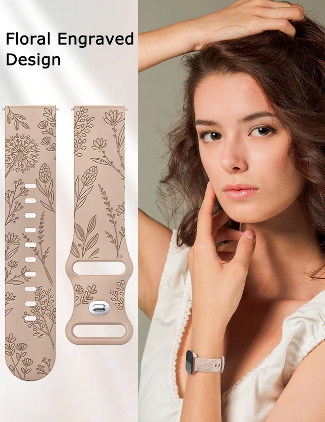 Alt view image 4 of 6 - 3 Packs Floral Engraved Band Compatible with Fitbit Versa 2 Band/Versa Lite/Versa Band Women, Cute Soft Silicone Dandelion Flower Pattern Sport Designer Fancy Summer Strap for Versa 2