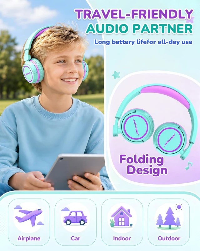Alt view image 3 of 6 - Kids Bluetooth Headphones for Travel, 80H Playtime (Green) Lightweight, Wireless, 85/94dB Safe Volume Limit, Bluetooth 5.4, Built-in Mic Kids Headphones for Girl Boy Toddler