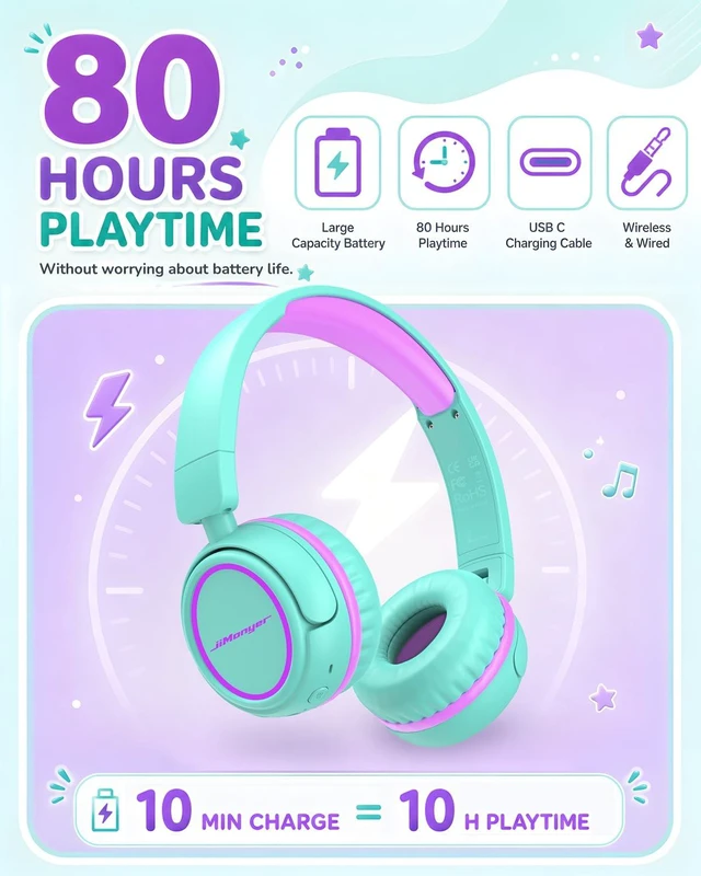 Alt view image 4 of 6 - Kids Bluetooth Headphones for Travel, 80H Playtime (Green) Lightweight, Wireless, 85/94dB Safe Volume Limit, Bluetooth 5.4, Built-in Mic Kids Headphones for Girl Boy Toddler