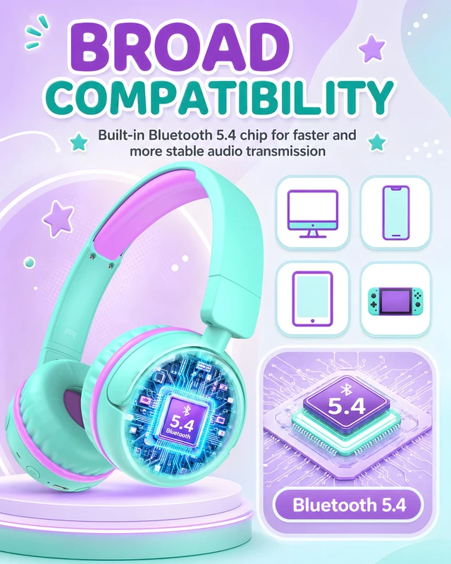 Alt view image 5 of 6 - Kids Bluetooth Headphones for Travel, 80H Playtime (Green) Lightweight, Wireless, 85/94dB Safe Volume Limit, Bluetooth 5.4, Built-in Mic Kids Headphones for Girl Boy Toddler