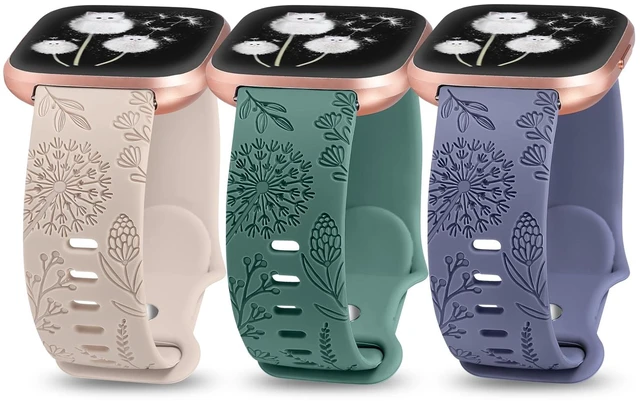 Main image of 3 Packs Floral Engraved Band Compatible with Fitbit Versa 2 Band/Versa Lite/Versa Band Women, Cute Soft Silicone Dandelion Flower Pattern Sport Designer Fancy Summer Strap for Versa 2