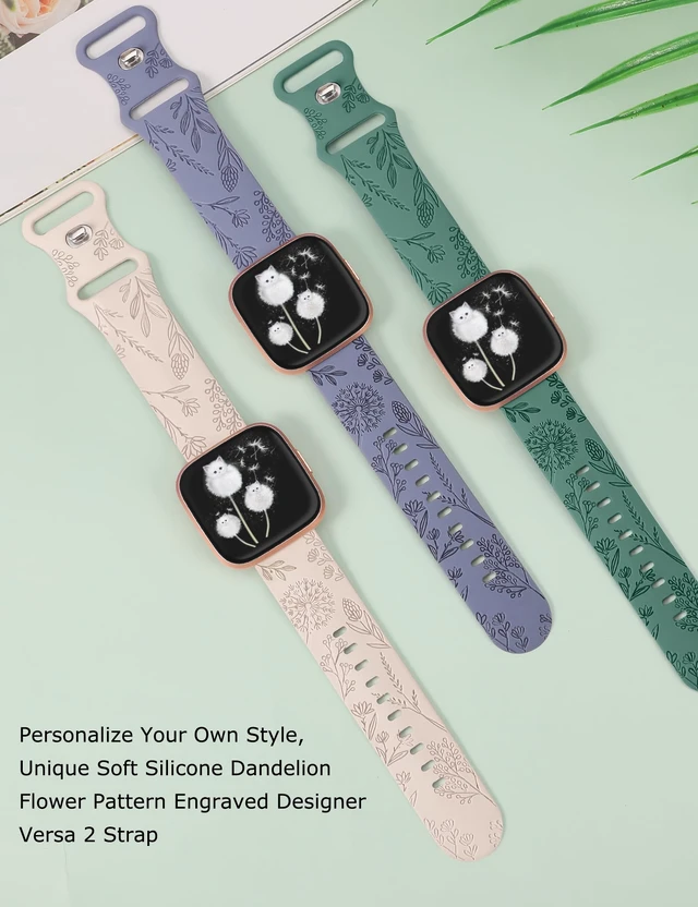Alt view image 3 of 6 - 3 Packs Floral Engraved Band Compatible with Fitbit Versa 2 Band/Versa Lite/Versa Band Women, Cute Soft Silicone Dandelion Flower Pattern Sport Designer Fancy Summer Strap for Versa 2