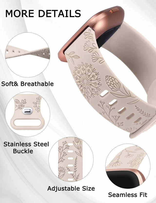 Alt view image 4 of 6 - 3 Packs Floral Engraved Band Compatible with Fitbit Versa 2 Band/Versa Lite/Versa Band Women, Cute Soft Silicone Dandelion Flower Pattern Sport Designer Fancy Summer Strap for Versa 2