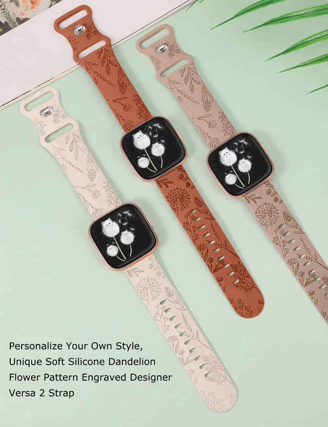 Alt view image 2 of 6 - 3 Packs Floral Engraved Band Compatible with Fitbit Versa 2 Band/Versa Lite/Versa Band Women, Cute Soft Silicone Dandelion Flower Pattern Sport Designer Fancy Summer Strap for Versa 2