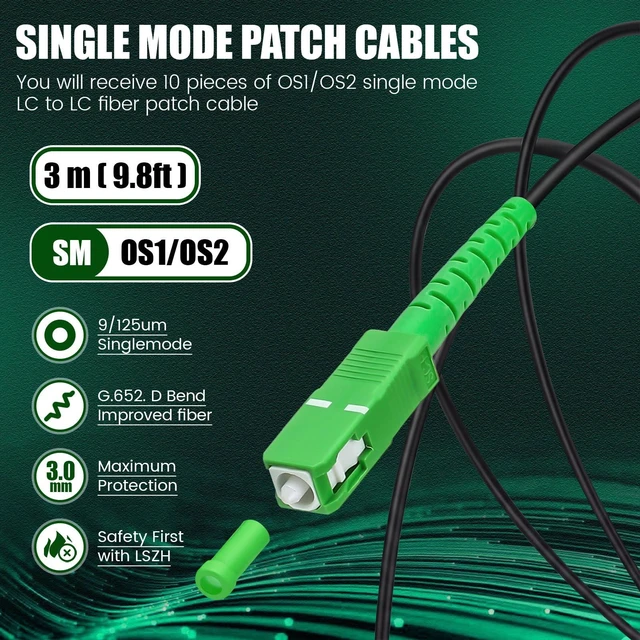 Alt view image 2 of 7 - 10 Pack 10ft / 3 Meter SC/APC to SC/APC Fiber Optic Cable Single Mode Fiber Optic Jumper Patch Cord & Connector, 9/125um, Compatible with Os1/os2 Black Lszh Od-3.0mm