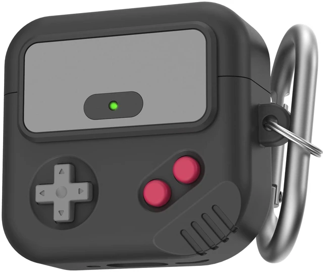 Main image of AirPods 5 case & airpods 4 case, Retro Game Design with Lock Compatible with AirPods 5 (2026) & 4 (2024), Anti-Drop Silicone Case cover with Carabiner, Easy Open /Close, Black