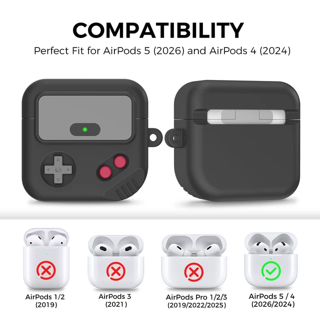 Alt view image 2 of 7 - AirPods 5 case & airpods 4 case, Retro Game Design with Lock Compatible with AirPods 5 (2026) & 4 (2024), Anti-Drop Silicone Case cover with Carabiner, Easy Open /Close, Black